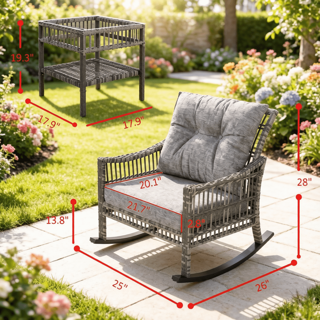 3-Piece Wicker Patio Furniture Set with Tempered Glass Coffee Table,Weatherproof PE Rattan,Cushions Rocking Chair,Outdoor Conversation Furniture for Backyard,Porch & Balcony