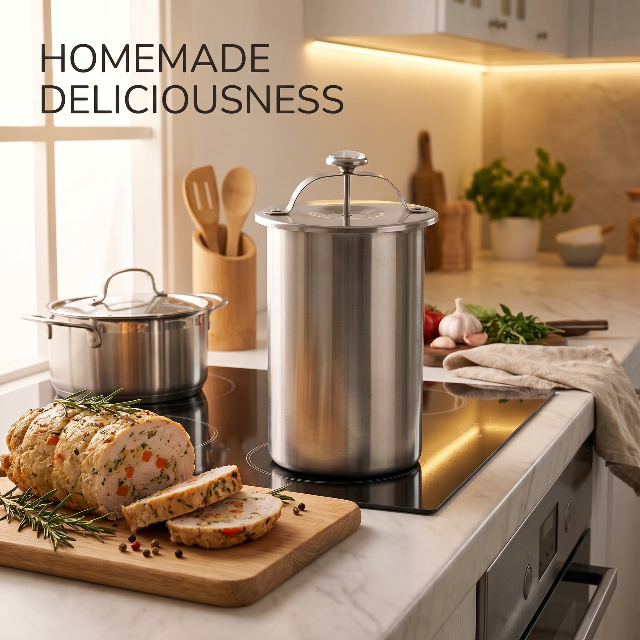 Stainless Steel Ham Maker Meat Press Cooker with Thermometer, DIY Homemade Deli Meat Mold for Bacon and Ham Making, Kitchen Use