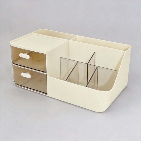 Desktop Storage Box and Office Organizer, Desktop Storage Holder with 2 Drawers, Multiple Compartments, Plastic Material, 1 Count, Medium, Beige