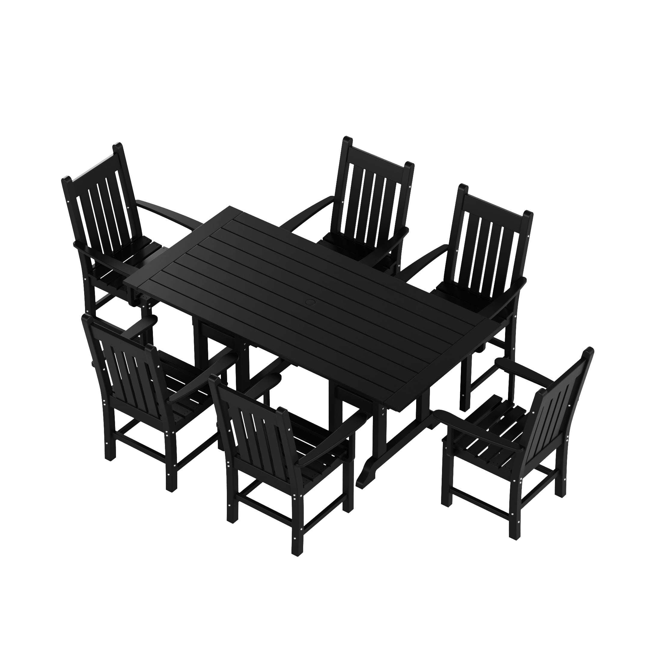 WestinTrends Malibu 7 Piece Outdoor Dining Set, All Weather Poly Lumber Patio Table and Chairs Furniture Set, 71" Trestle Dining Table with Umbrella Hole and 6 Arm Chairs, Black