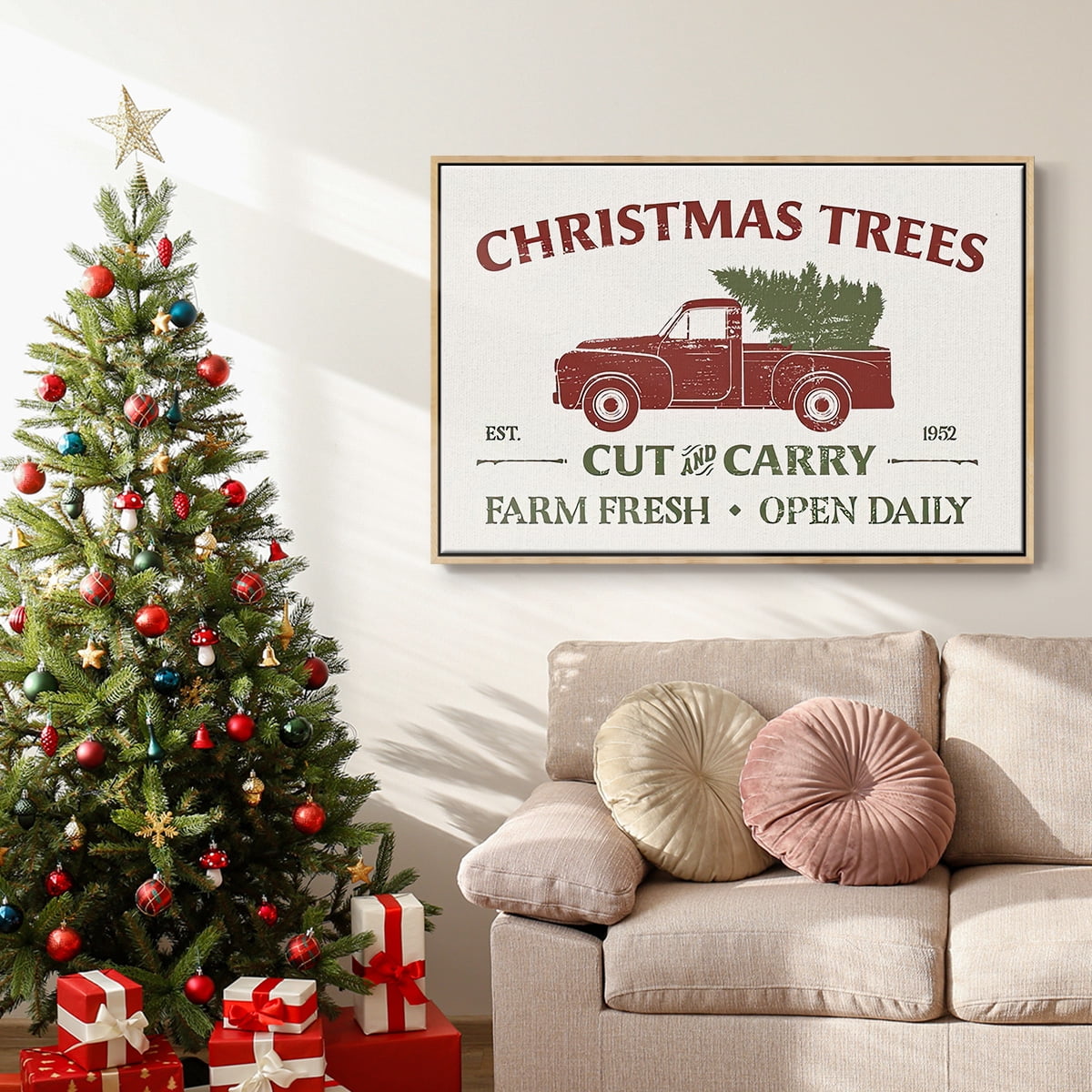 Christmas Farm Sign Collection A - Framed Gallery Wrapped Holiday Canvas - 25 x 37 - Natural Wood Frame