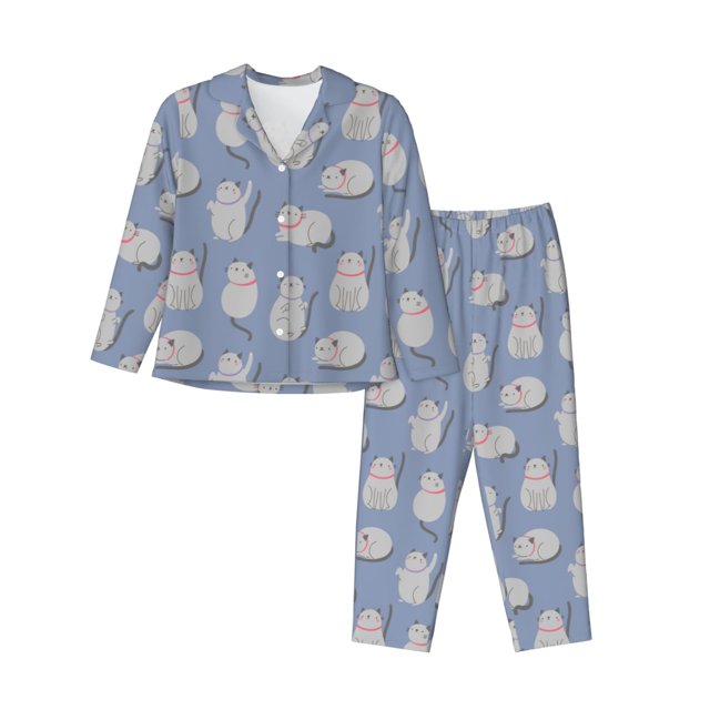 Balery Cute Fat Cat Conjunto de Pijama con Estampado para Mujer, Conjunto de Dos Piezas con Manga Larga, Ropa de Dormir Suave con Bolsillos, Pijamas Cómodos-Small
