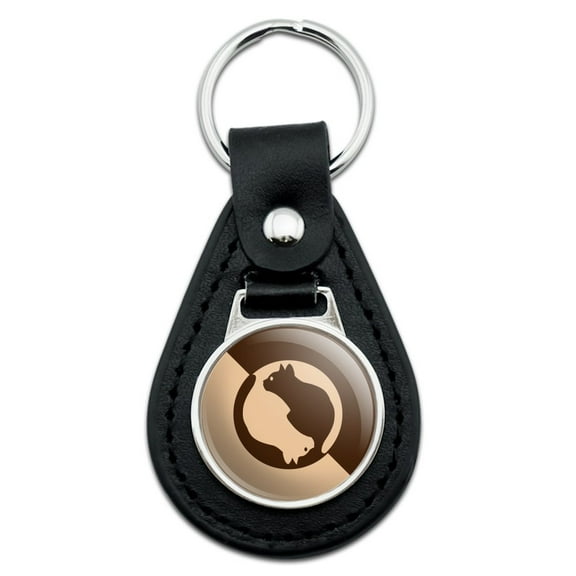 Cat Sitting Silhouette Black Leather Keychain