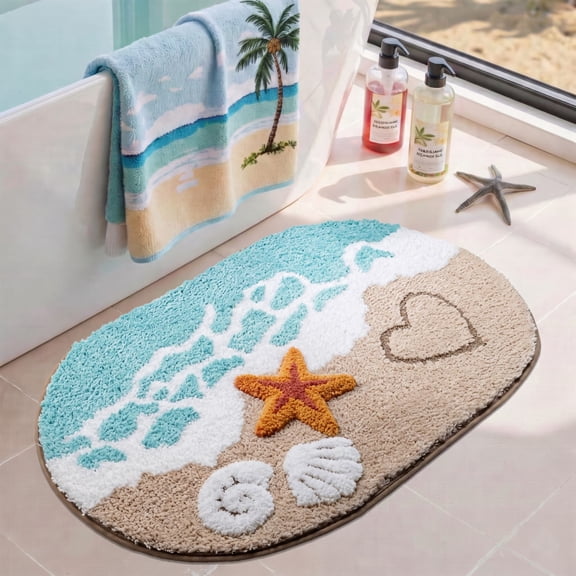 Blue Beach Bathroom Rugs Microfiber Nautical Cute Coastal Bath Mats for Bathroom Floor, Non Slip Quick Dry Absorbent Bath Rugs with Starfish Seashell, Machine Washable, 20"x32"