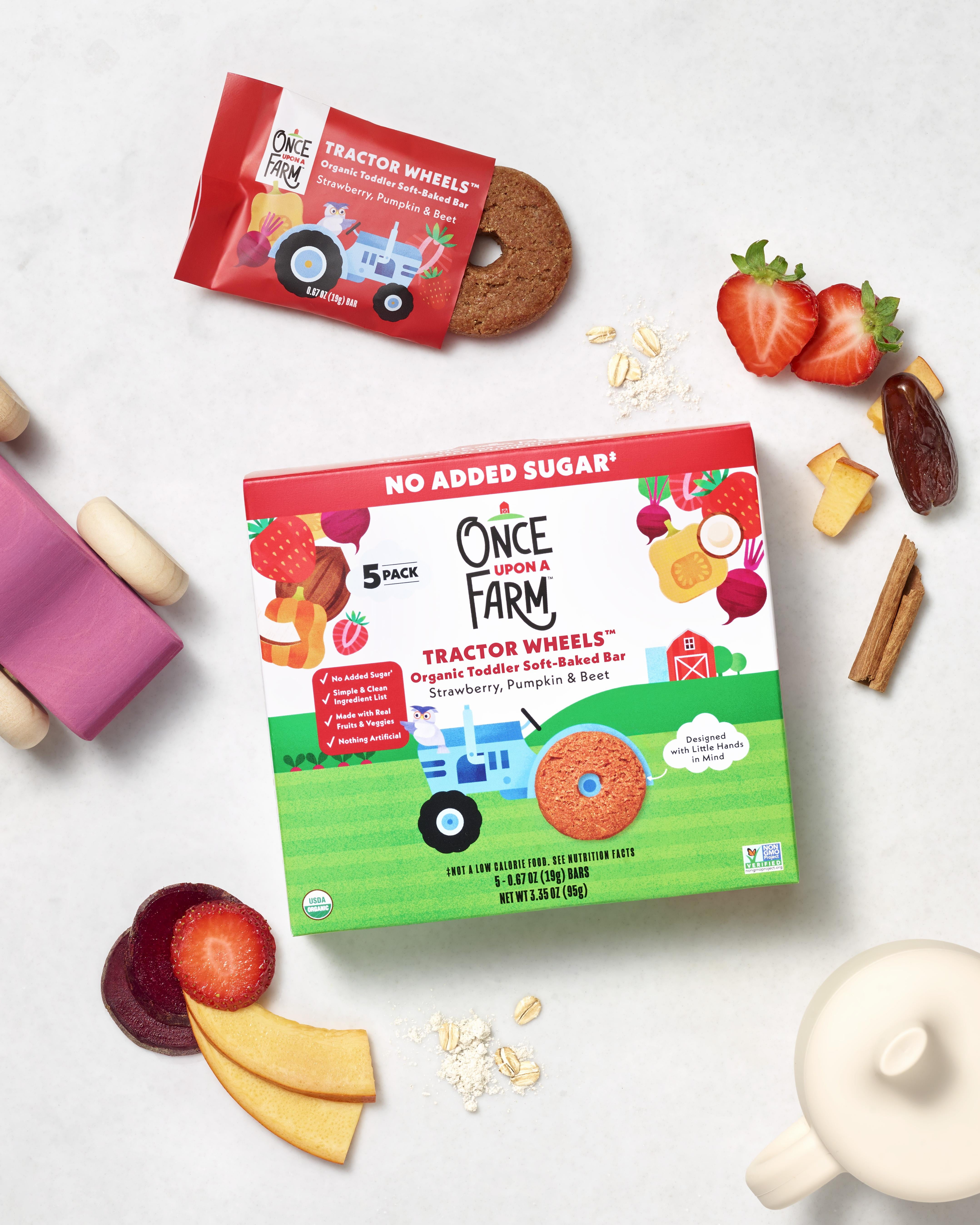 (8 pack) Once Upon a Farm Organic Tractor Wheels Toddler Bar, Strawberry, Pumpkin & Beet, 5ct