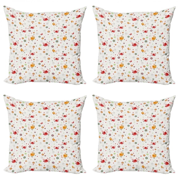 Ambesonne Cartoon Throw Pillow Cover 4 Pack, Birds Swirls Flowers, 18", Multicolor