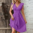 thumbnail image 2 of Summer Dresses for Women Party Outfit V Neck Ruffle Fly Sleeve Casual Eyelet Button Up Smocked Knee Length Dress (M, Purple), 2 of 7
