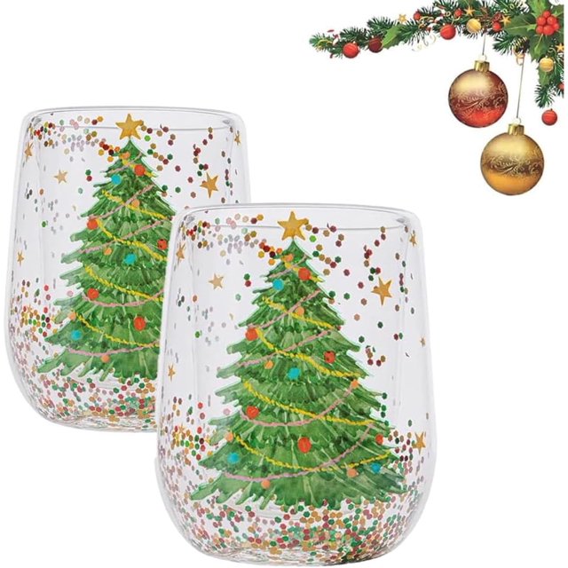 Vaso de árbol de Navidad, vaso de agua de vidrio de árbol de Navidad colorido y transparente, copas de vino de Navidad, copa de vino sin tallo de árbol de Navidad, tazas de Navidad (2pcs)