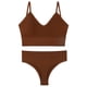 thumbnail image 2 of Conjunto de lencería sin costuras de 2 piezas con cuello en V para mujer: sujetador sin relleno y tanga, poliéster, color liso, estilo sexy/casual, adecuado para primavera/verano, 2 of 7