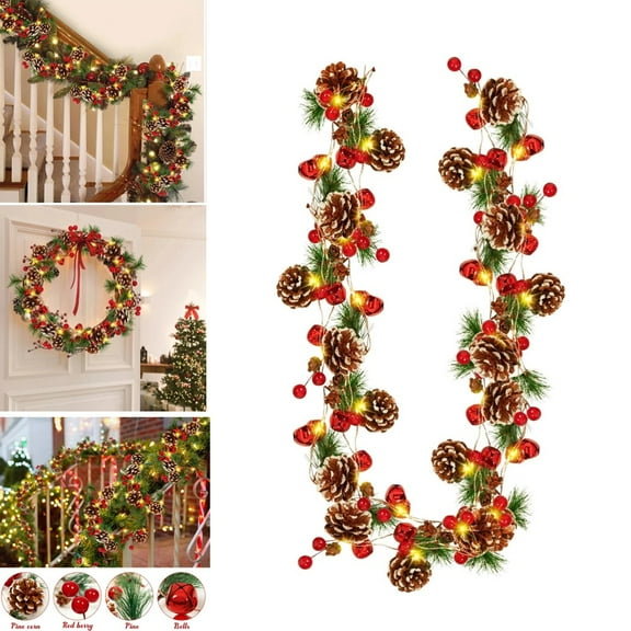 Christmas Garland with Lights, 9ft Lighted Artificial Garland, Decorated with Pine Cones, Red Berry Clusters, Warm White LED Lights, Christmas Decoration for Indoor Mantle, Stairs, Xmas Home Decor