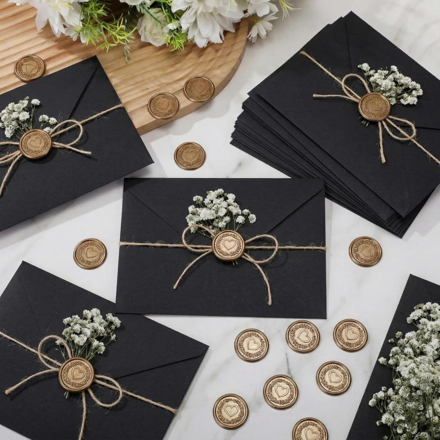 50 Sets Wedding Invitations Wraps Set Include Envelope for 5 x 7 Inch Invitations Self Adhesive Gold Wax Seal Sticker Dried Flowers for DIY Photos Cards Dining Table(Classic,Black)