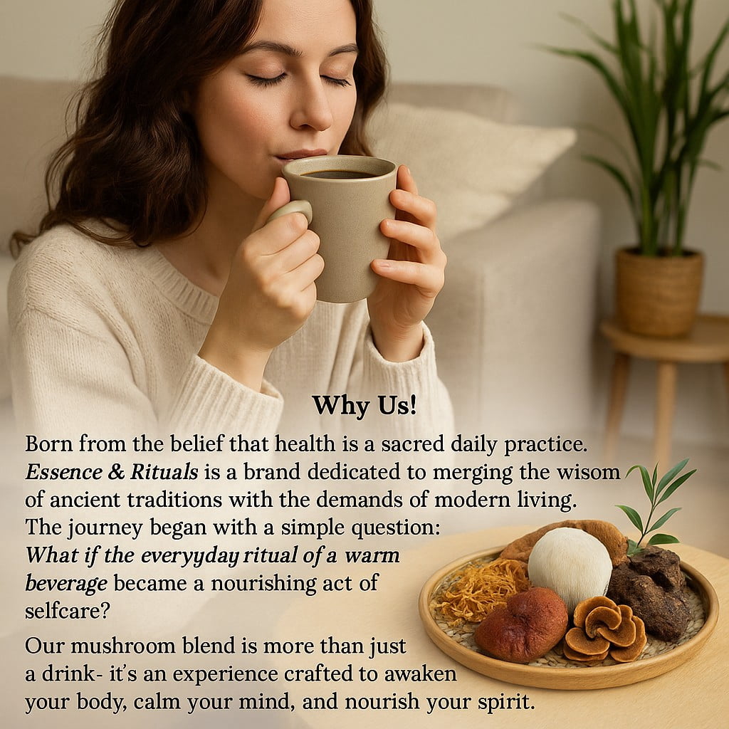 Essence & Rituals Mushroom Coffee Blend- Decaffeinated/Caffeinated Instant Coffee with Lion's Mane, Reishi, Chaga, Cordyceps- Gut, BRain, Focus & Energy Support- 30 Servings (Decaffeinated)