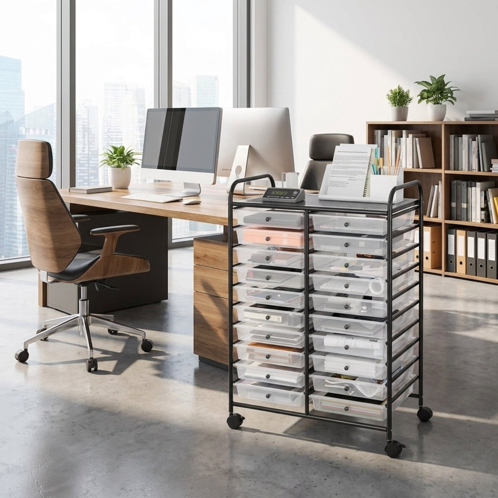 Furnibear Rolling Storage Cart with 20 Removable Drawers and Locking Wheels Metal Utility Cart Studio Organizer for Home Office Craft Room and Classroom, Transparent