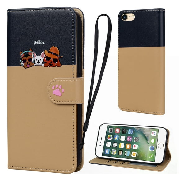 Cute Cartoon Wallet Phone Case for iPhone 7/8/SE 2020/SE 2022, with Card Holder Soft PU Leather Kickstand Cover for Men and Women Magnetic Shockproof Protective with Lanyard, Khaki