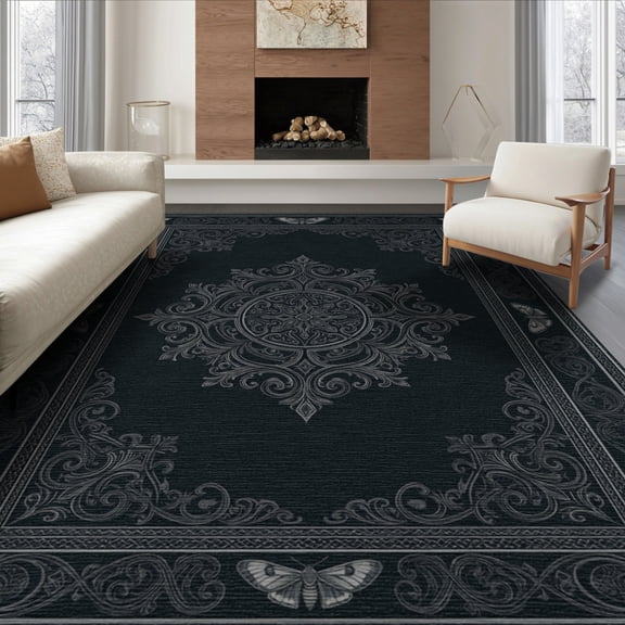ODIKA 8'x10' Washable Area Rug Moth Gothic Vintage Academia Border Traction Synthetic Boho Goth Refined for Living Room, Under Sectional, Family , Durable, Non-Slip