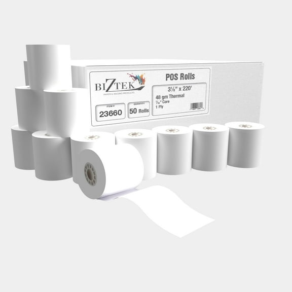 Thermal Paper Receipt Rolls, 3-1/8 x 220 x 50 Rolls, 48 Gram Weight, 7/16" Core ID, BPA Free, Grade A, Pure 85 Bright White Paper, Unique Thermal Coating