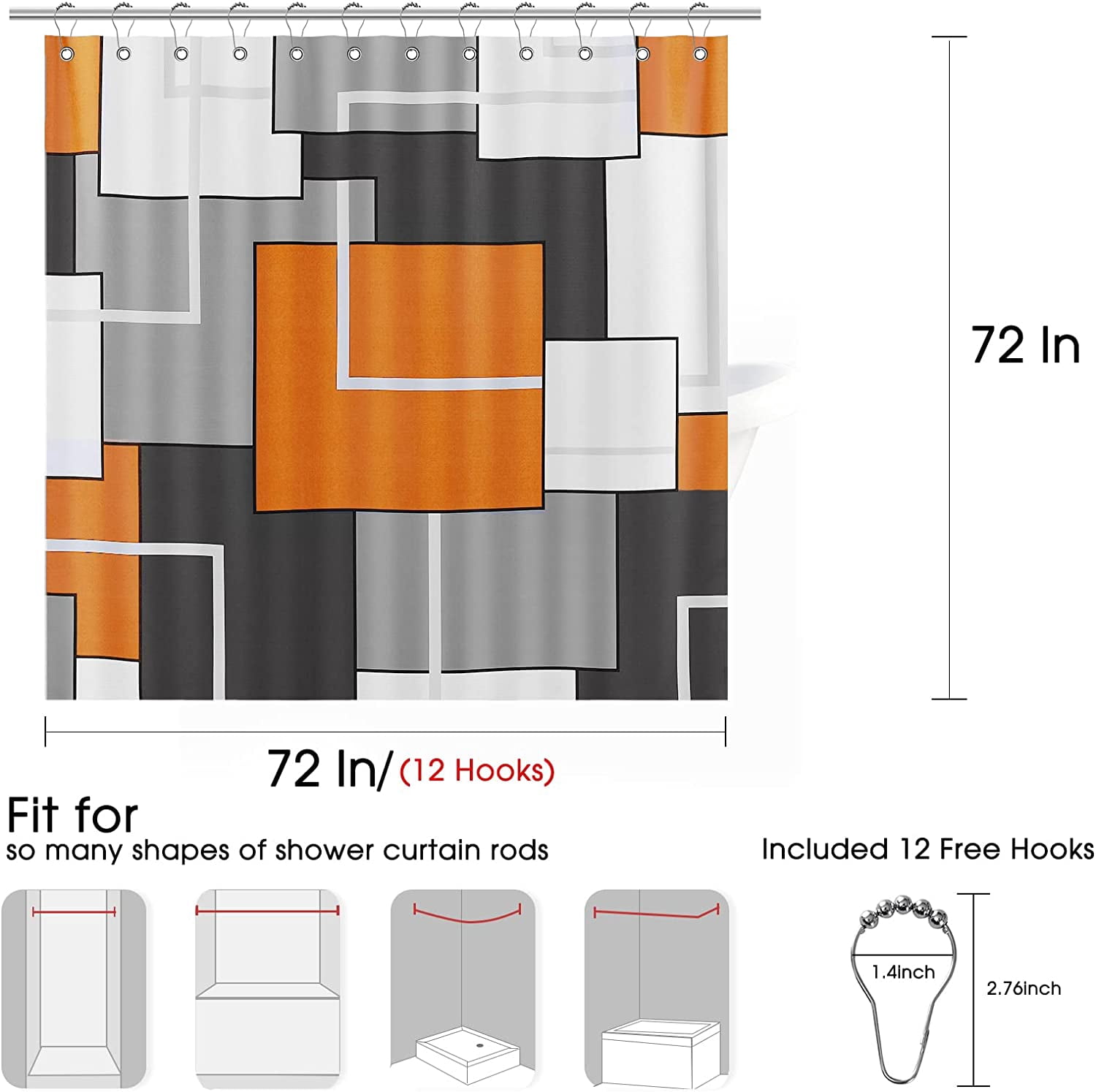 Orange Shower Curtain Set with Hooks Grey and White Shower Curtain for Bathroom Fabric Orange Autumn Shower Curtain Geometric Bath Curtains Decorative Gray Shower Curtain Water Repellent, 72x72
