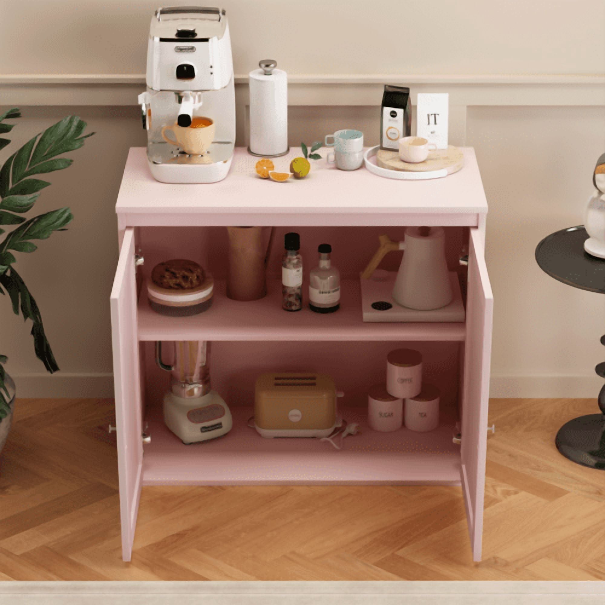 Kitchen Storage Cabinet with Double Doors, Adjustable Shelves, Coffee Bar Cabinet, Sideboard Buffet for Dining Room, Living Room, Entryway, Pink