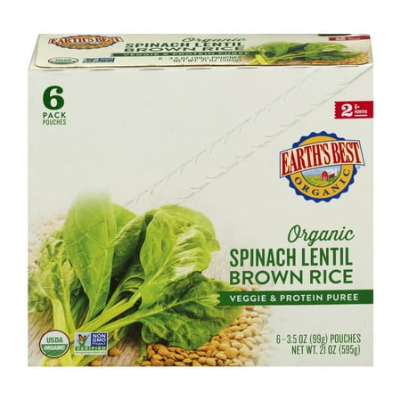 Earth's Best Organic Spinach Lentil Brown Rice Veggie & Protein Puree 6+ Months - 6 PK, 3.5 OZ