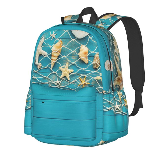 Bingfone Seashells And Fishing Net On Blue Wooden Table Pattern Large Capacity Student Backpack, Wear-resistant and Lightweight School, Work, Travel, Sports Backpack, Unisex
