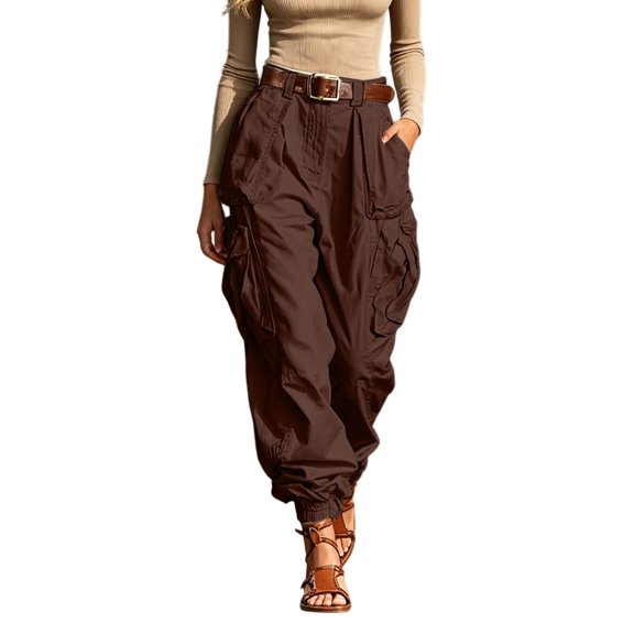 Luvior Women‘s High Waist Wide Leg Cargo Pants – Non-Stretch Loose Fit Casual Trousers with Multiple Pockets Comfortable Everyday Wear CoffeeB XXL