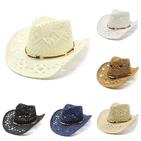 Uvwlwu Women Shapeable Hollowed Straw Cowboy Sun Hat Contrast Bead Leather Band Breathable Lightweight Hat for Summer Daily Wear Road Trip,2Light Yellow,One Size