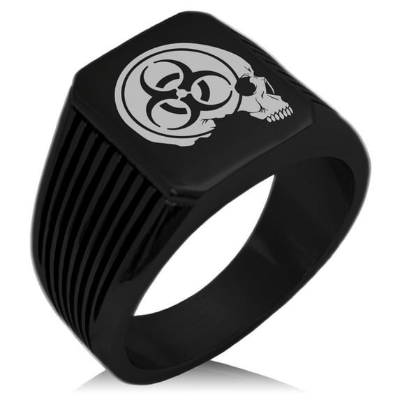 Stainless Steel Biohazard Skull Zombie Needle Stripe Pattern Biker Style Polished Ring