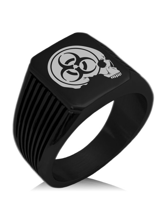 Stainless Steel Biohazard Skull Zombie Needle Stripe Pattern Biker Style Polished Ring