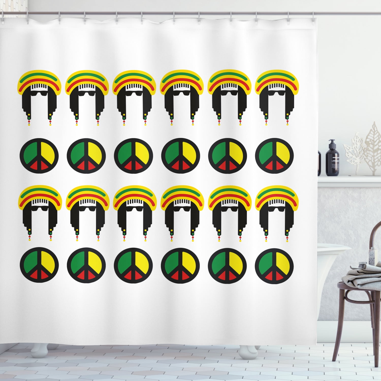 Jamaican Shower Curtain, Collection of Reggae Icons Colorful Peace Symbols Abstract Americas