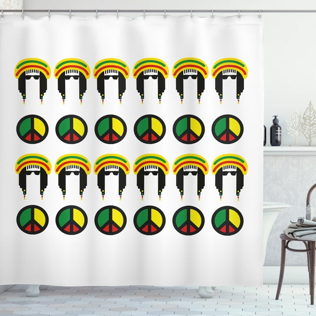 Jamaican Shower Curtain, Collection of Reggae Icons Colorful Peace