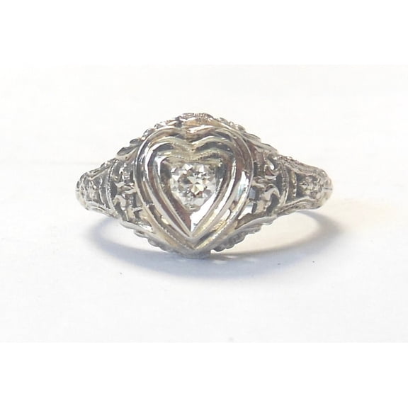 Vintage Art Deco Diamond Engagement Ring, Heart Shape Mount Ring, Engraved Shank Diamond Ring, Antique Solitaire Diamond Ring, Openwork Filigree Ring, 925 Sterling Silver, 1.5 Ct Sterling Silver