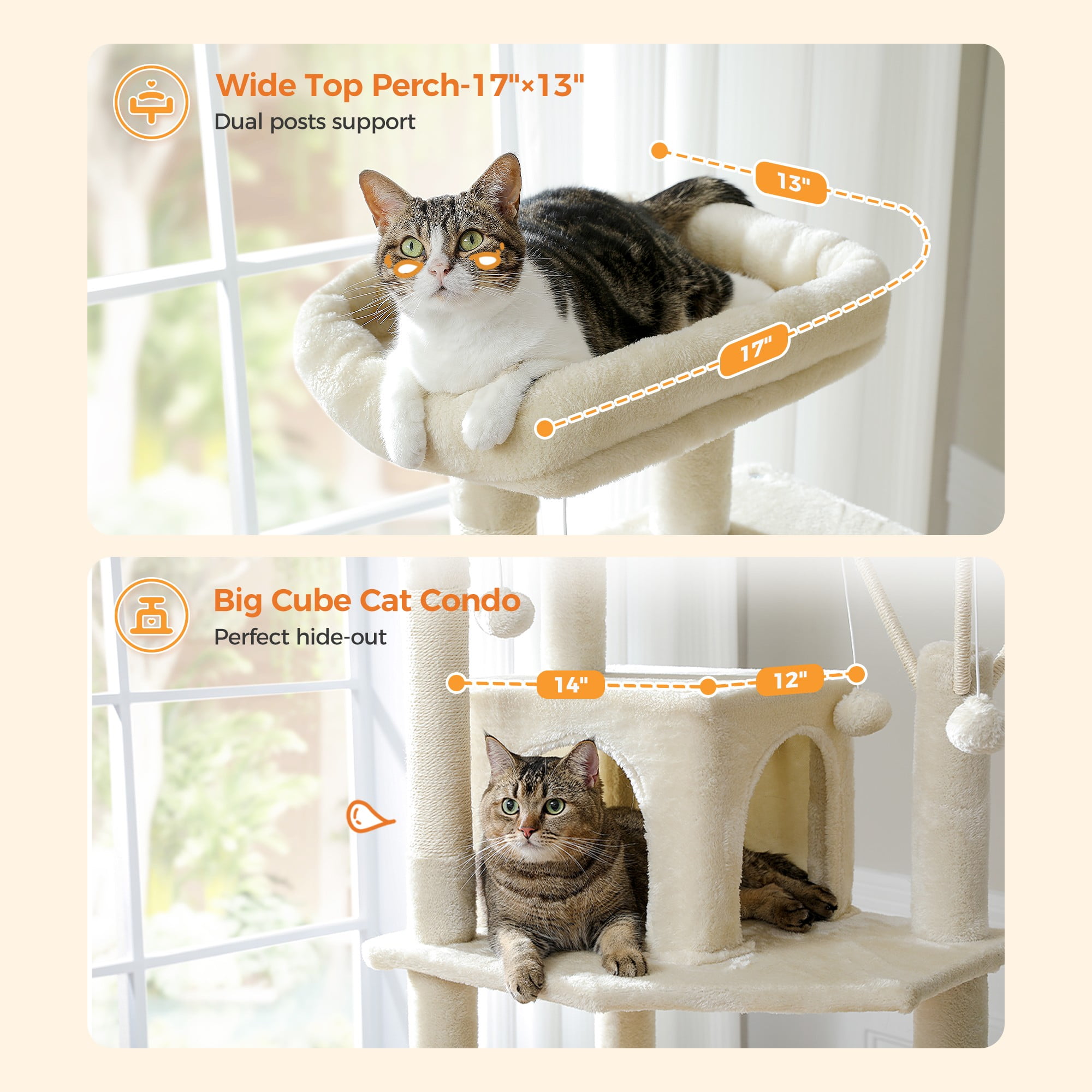 Kadyn 69" Cat Tree Tower for Indoor Large Cats, Fat Cats with Big Hammock, Cat Climbing Tree with Scratching Posts, Condo House and Top Perch, Beige