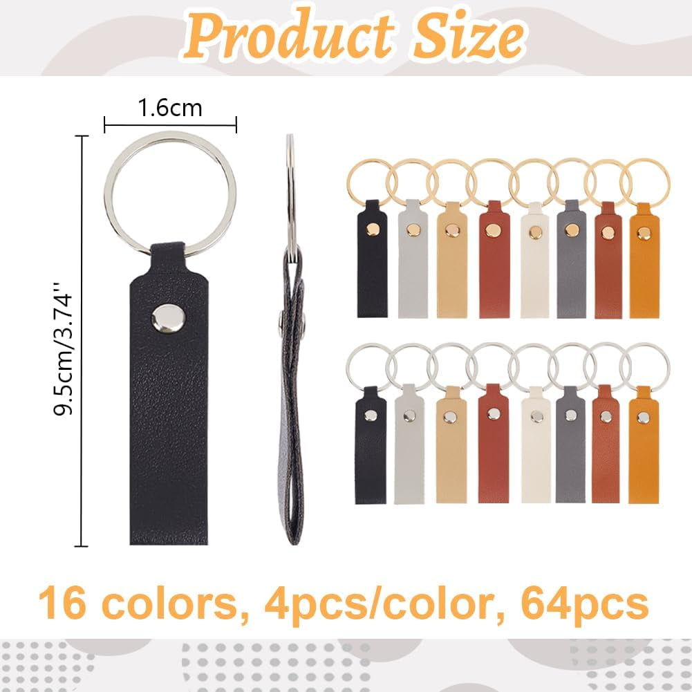 64Pcs 16 Colors PU Leather Keychain with Iron Key Rings Mixed Color 9.5x1.6cm 4pcs/color
