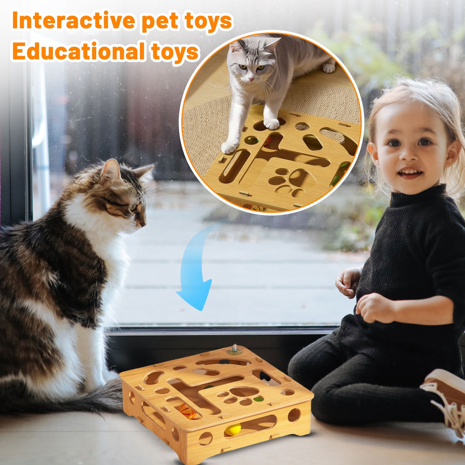 Interactive Cat Toy - Scratch Puzzle Enrichment Box with Bells, Stress Relief for Cats, Interactive Puzzle Game for Indoor Cats (1 Maze Box + 2 Bell Balls)
