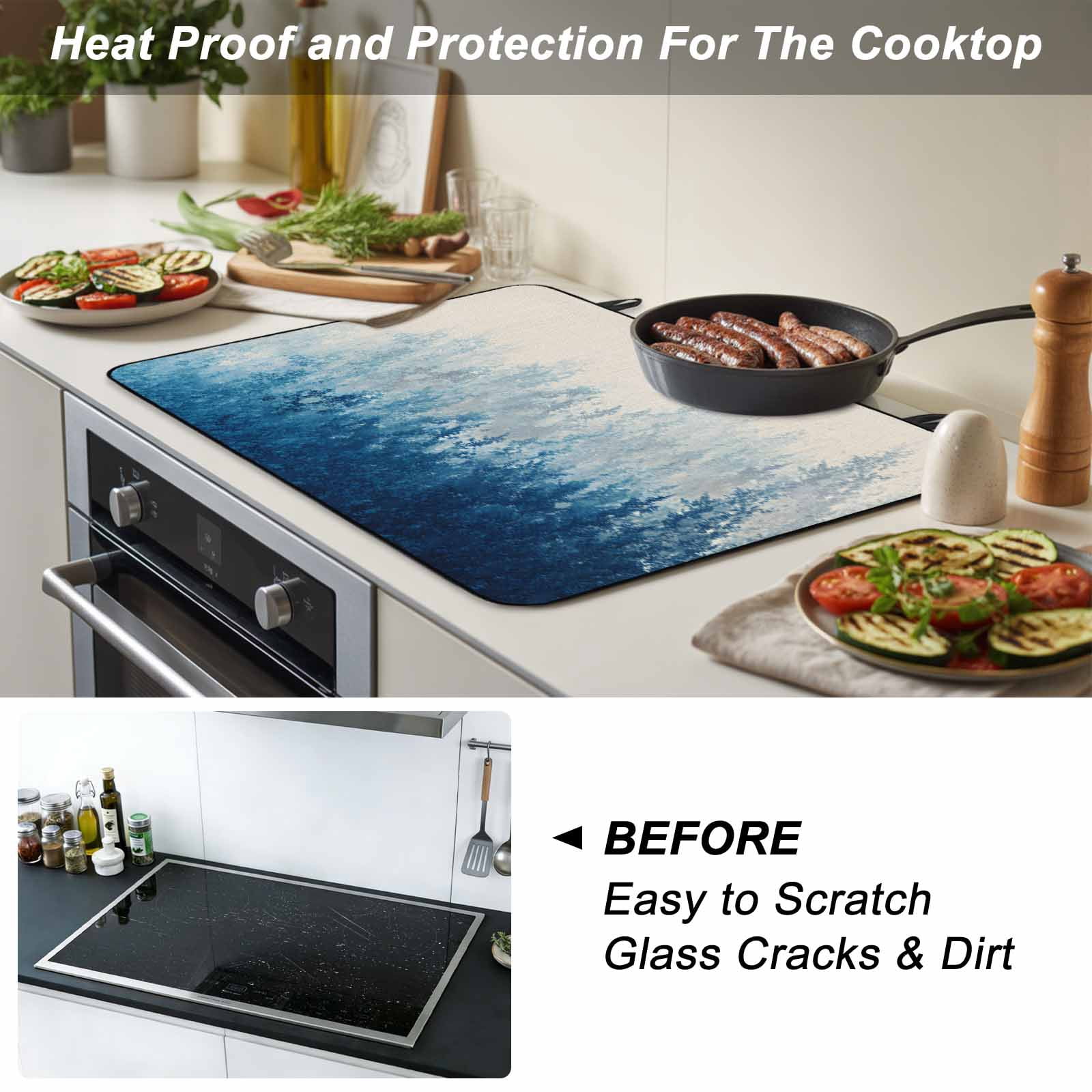 Blue Botanical Stove Top Cover for Electric Stove, Heat-proof & Non Slip Glass Top Stove Cover Protector, Spring Summer Farmhouse Retro Beige Kitchen Flat Cooktop Rubber Mat 24x21 Inches