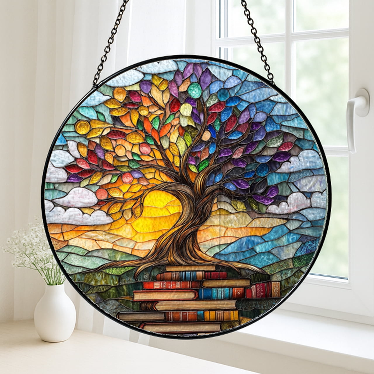 Books and Sunburst Tree Window Panel, Faux Stained Glass Art for Reading Corners and Home Decoration