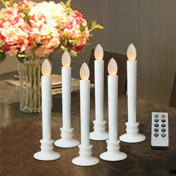 6 Pack LED Window Candles - Flameless Taper Candles with Remote & Timer, White Base for Holiday Decor.