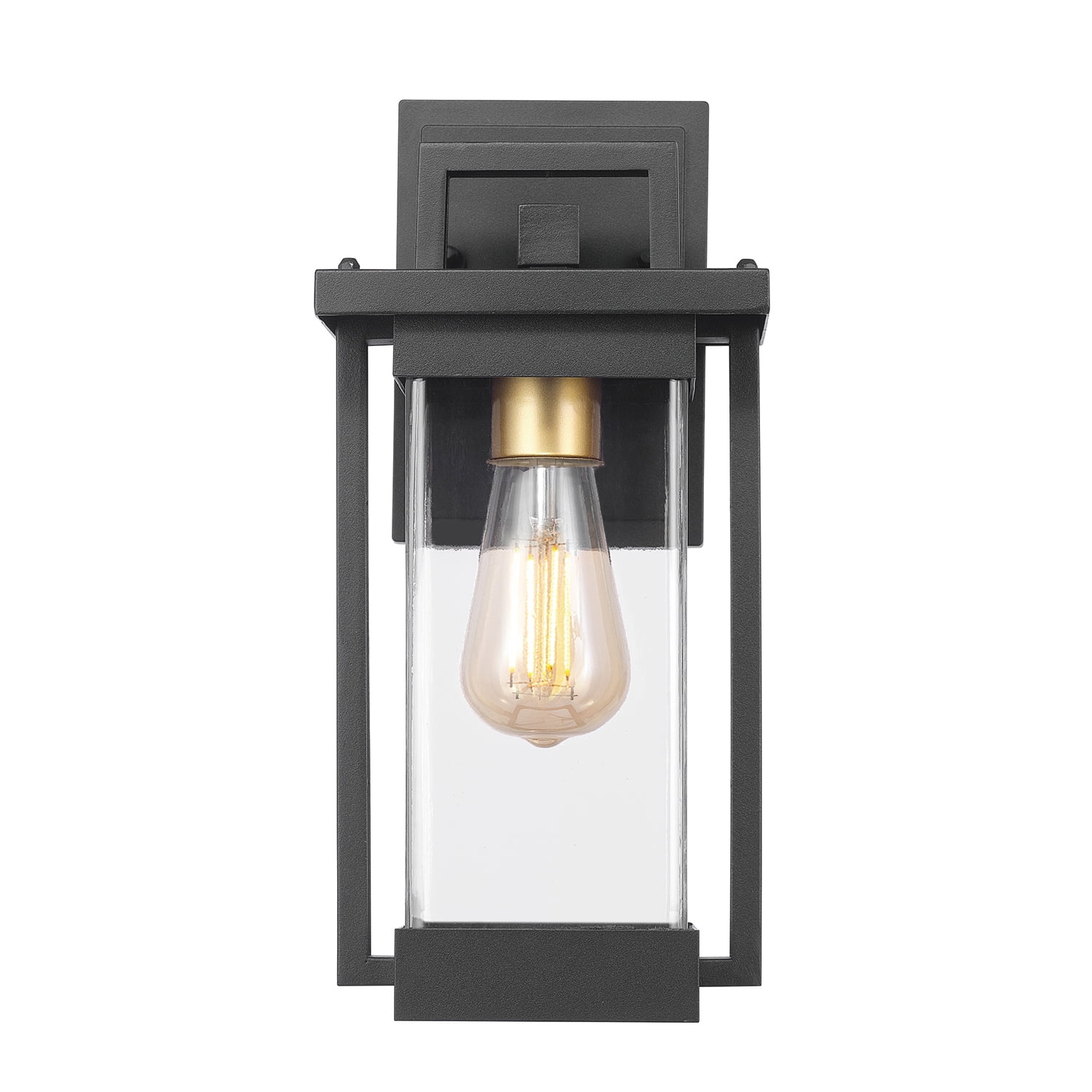 Globe Electric 1-Light Matte Black Outdoor Hardwired Wall Sconce with Brass Accent and Clear Seeded Glass Shade