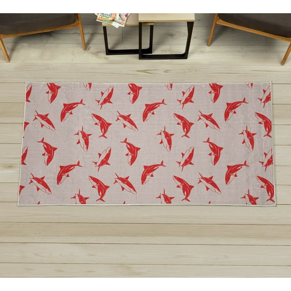 Sea Animals Decorative Rug, Repeated Cartoon Sharks Swimming to Different Directions Pattern, Quality Carpet for Bedroom Dorm and Living Room, 6 Sizes, Dark Coral, by Ambesonne