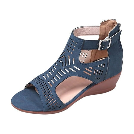 

Juejuezi Womens Sandals Clearance Sale Women s Cut-out Casual Slippers Wedge Heel Shoes Buckle Comfortable Sandals