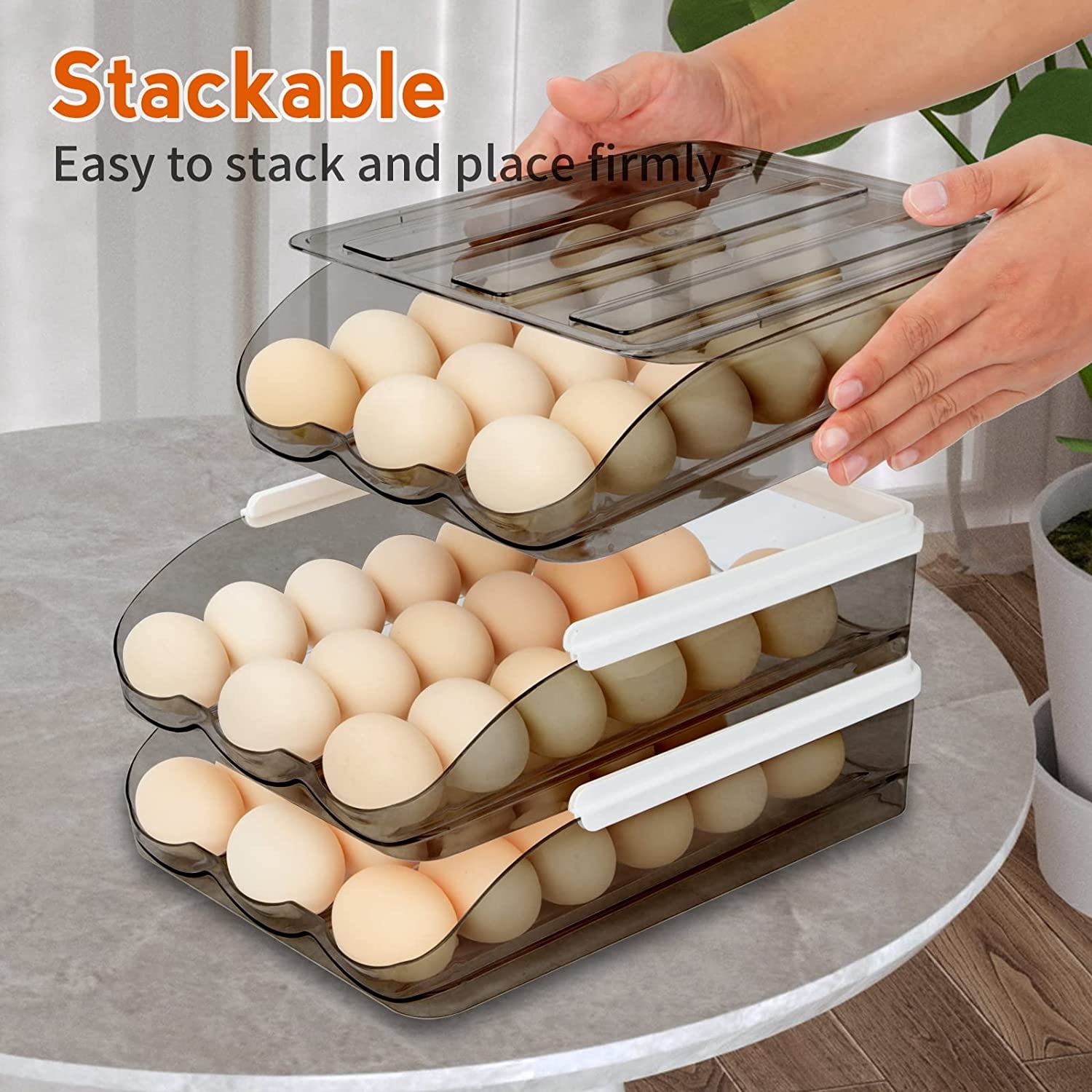 Large Capacity Egg Holder for Refrigerator, Automatic Rolling Egg Fresh Storage Box, Clear Egg Storage Container Organizer Bin & Egg Tray