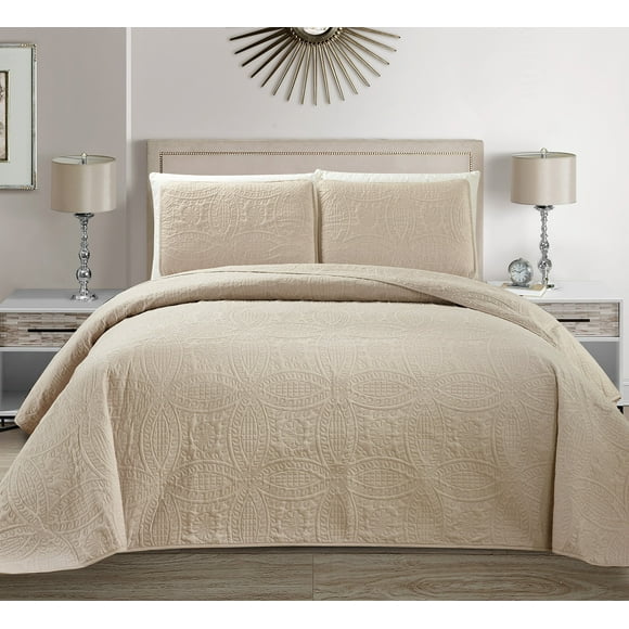MK Home Mk Collection Solid Embossed Bedspread Bed Cover Over Size (Beige King/California King)