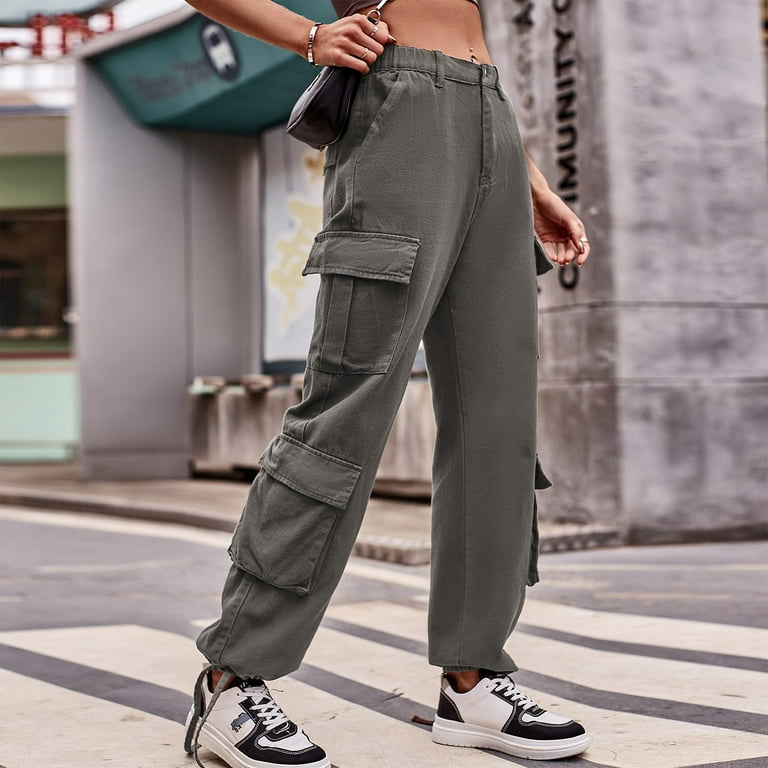 HIMIWAY Cargo Pants Women Palazzo Pants for Women Women's Fashion Casual  Solid Color Drawstring Jeans Overalls Sports Pants Gray D S 