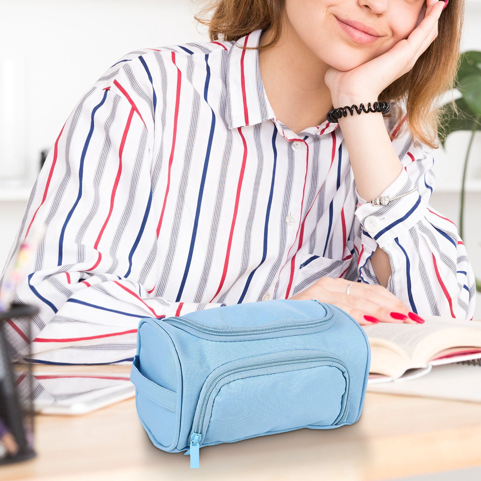 HengDidi Double-Layer Portable Pencil Bag with Side Storage and Carry Handle, Oxford Fabric Organizer for Stationery and Small Accessories