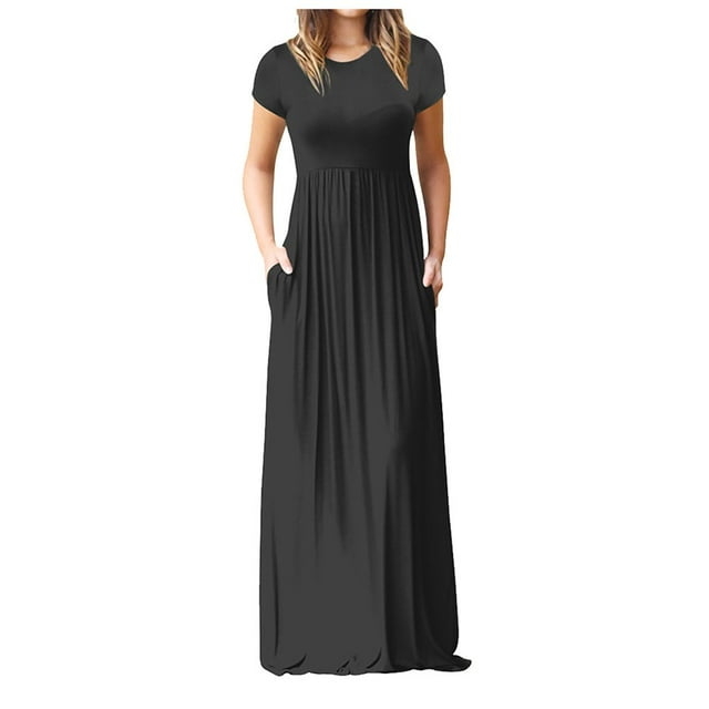 Robe Décontractée pour Femmes Femmes Col Rond Décontractée Poches Manches Courtes Robe Longueur au Sol Robe Ample de Soirée Vêtements pour Femmes G Beige