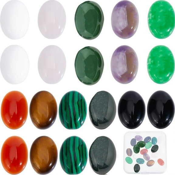 1 Box 20Pcs Stone Cabochons Flatback Natural Gemstone Cabochons Oval Cabochon 14x10mm Flat Back No Hole Tiger Eye Amethyst Rose Quartz Flatback Stones for Jewelry Making Finger Ring Craft colorful