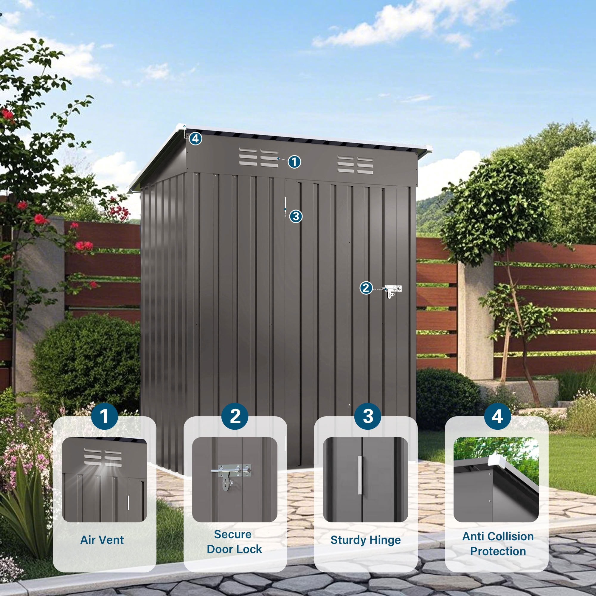 MAYEERTY 5x3 FT Metal Outdoor Storage Shed, Tool Shed with Pitched Roof & Lockable Door, for Garden, Backyard, Patio, Bike & Sundries Storage, Gray