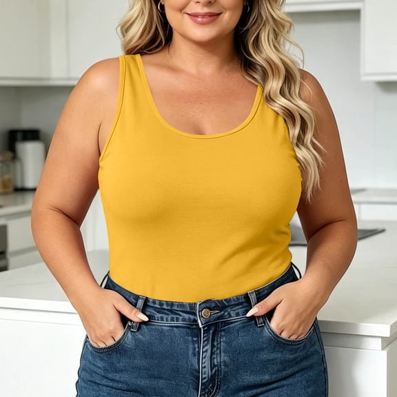 Dolkfu Yellow Summer Fall Tops for Women Base Layer Long Sleeve Crew Neck Tank Tops Solid Modern Fitness Relaxed Fit Tank Tops Yellow,Xxxl