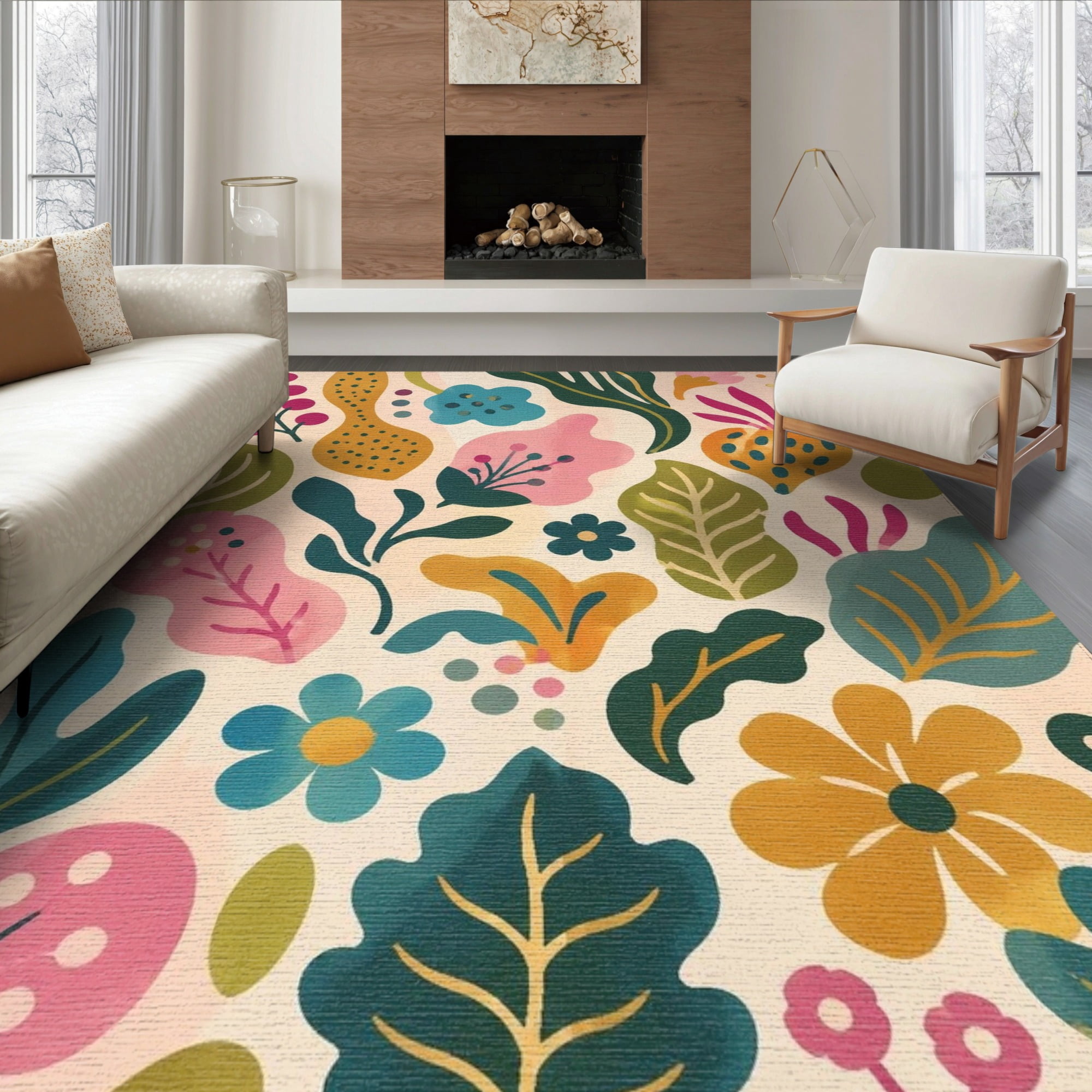 ODIKA 8 x10 Washable Area Rug Multicolor Botanical Leaf Design Playful Floral Motif with Leafy for Dining Room Large Office Lounge Non-Slip Chair-Friendly Mat