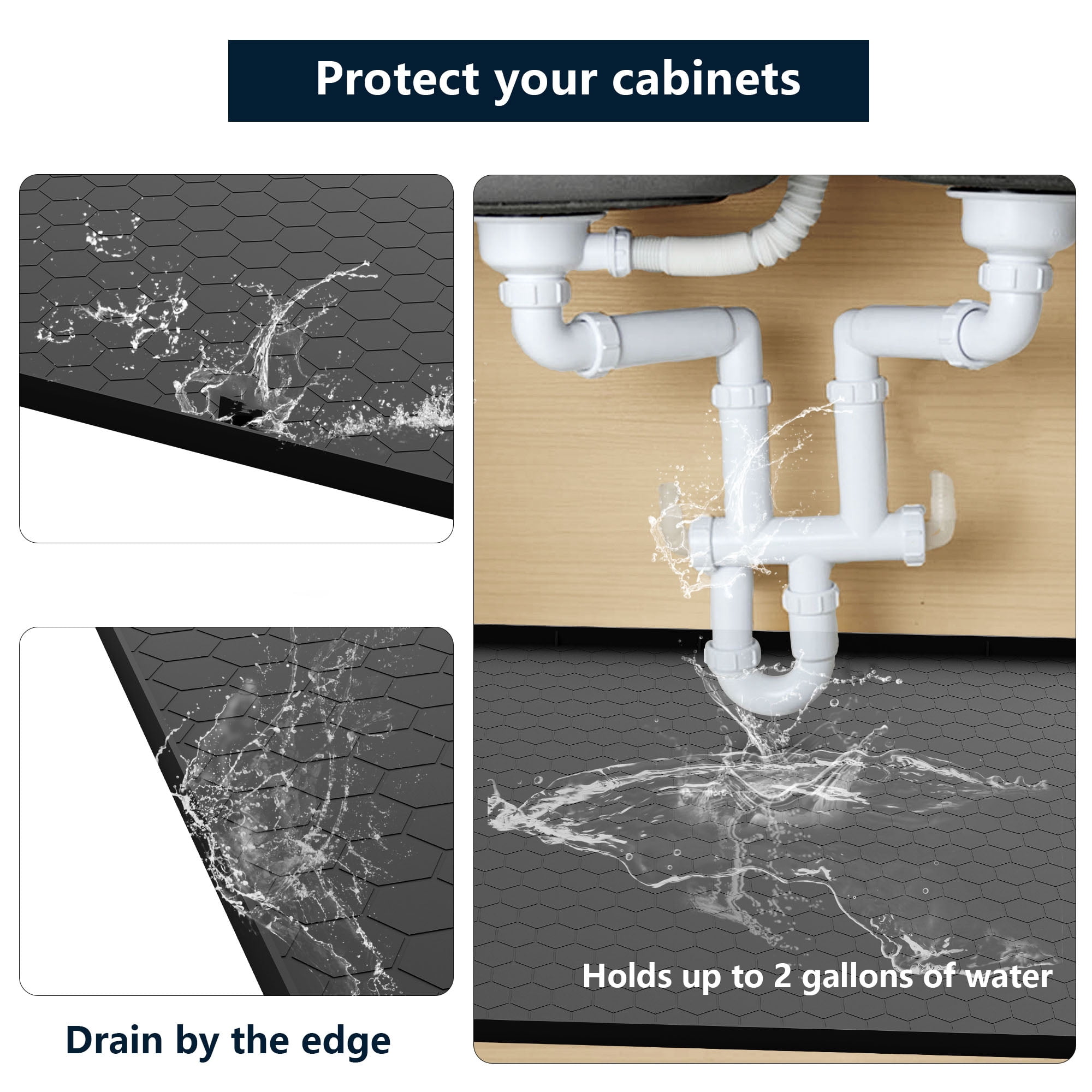 Under Sink Mat, Campmoy 34" x 22" Under Sink Mats for Kitchen Waterproof - Silicone Under Sink Liner Drip Tray with Drain Hole(Black)